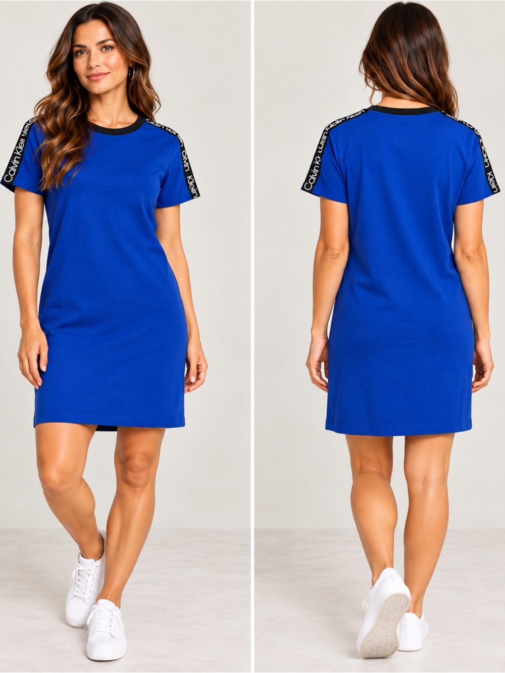 Calvin Klein Logo Tape Short-Sleeve T-Shirt Dress in Royal Blue Size Medium
